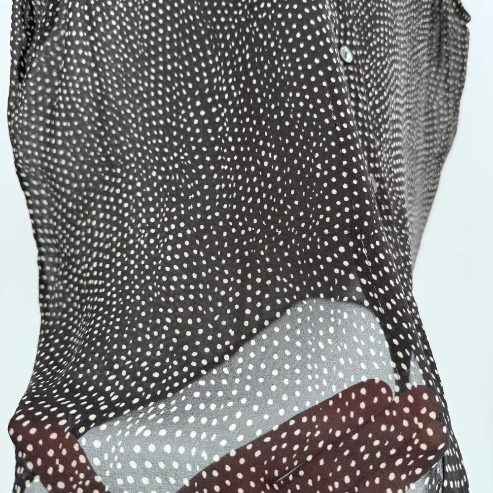 Calvin Klein Brown Polka Dot Sleeveless Sheer Silk Button Front‎ Blouse Sz 14 - Picture 5 of 11